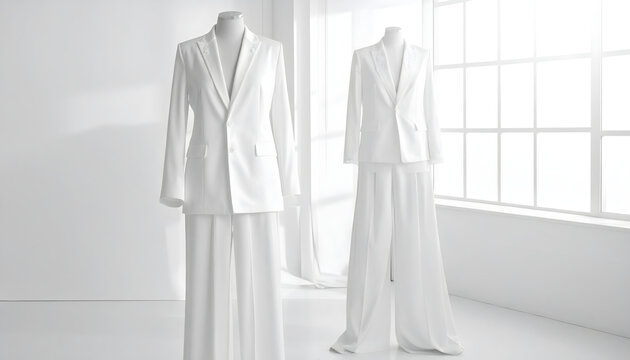 White silk blazer with lace lapels and wide leg trousers on a ghost mannequin in a bright white gallery setting generative AI