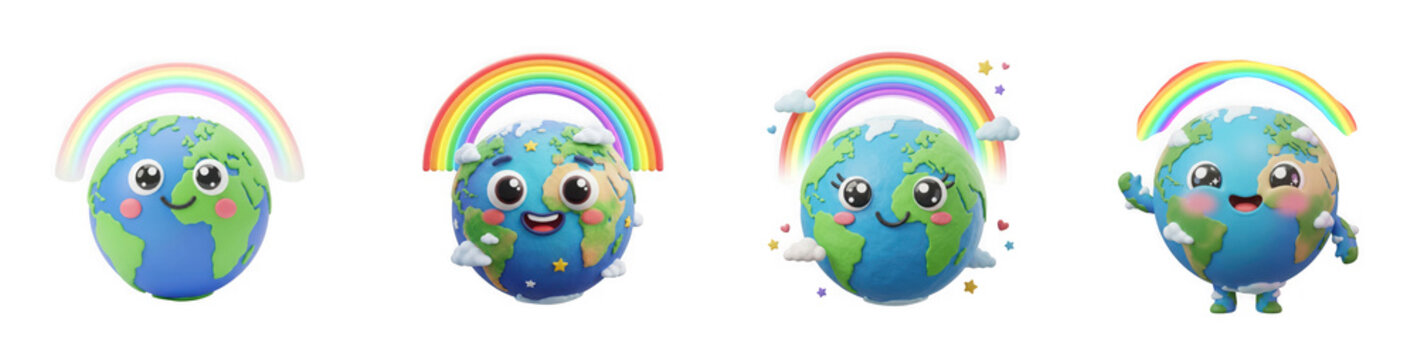 Cute cartoon earth globes with faces and colorful rainbows isolated on transparent background
