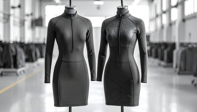 itted jacket and skirt made of thick neoprene with embossed geometric patterns displayed in a modern industrial studio with lighting generative AI