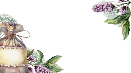 Apothecary sachet bag watercolor illustration template. Diagonal mint and yarrow border with copy space for traditional pharmacy packaging design, organic tea branding web header, 16:9 format © AnKa