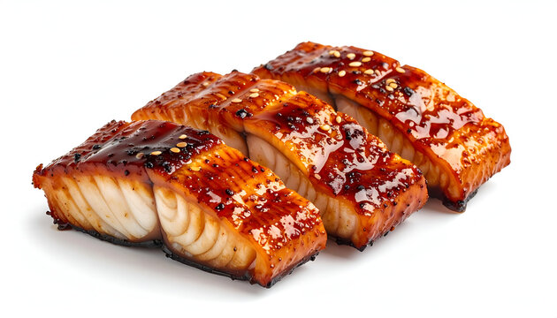 Delicious authentic Japanese food photography showcasing thick sliced grilled eel or salmon topped with a sticky sweet glaze.