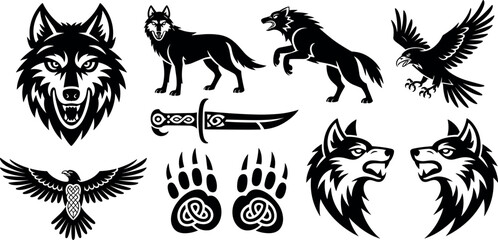 Obraz premium Collection of powerful wolf and eagle tribal symbols featuring celtic knots, dagger, and wildlife tracks vector set