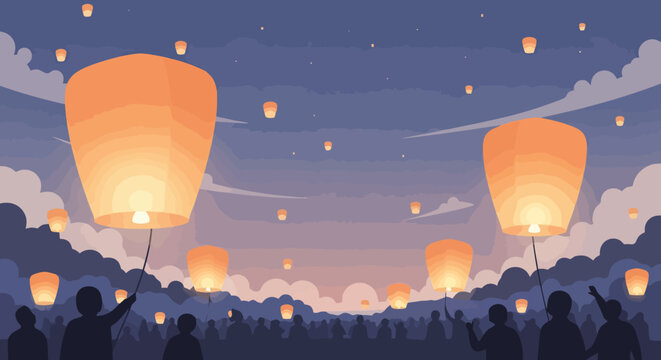 People releasing glowing sky lanterns into the evening sky.