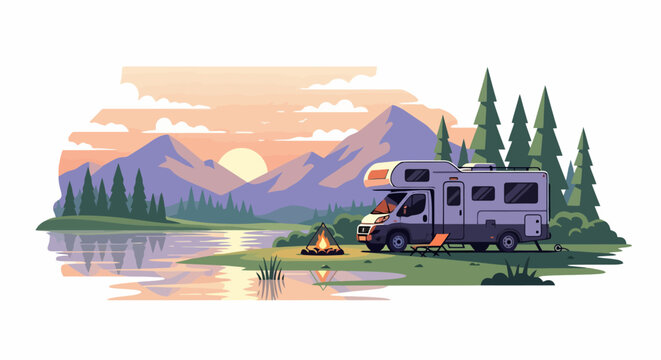 Recreational Vehicle Parked by a Lake at Sunset.