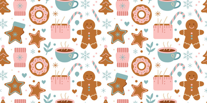 Seamless pattern featuring cute gingerbread cookies, donuts, mittens, coffee, candy canes, and snowflakes for festive holiday background designs