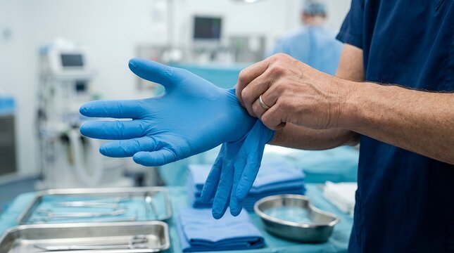 Professional surgeon or medical doctor carefully putting on sterile blue nitrile gloves in a hospital setting, preparing for surgery, patient care, or diagnostic procedure in a clinic.