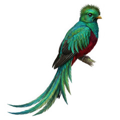 Fototapeta premium A magnificent resplendent quetzal perched bird with long green tail isolated on transparent background