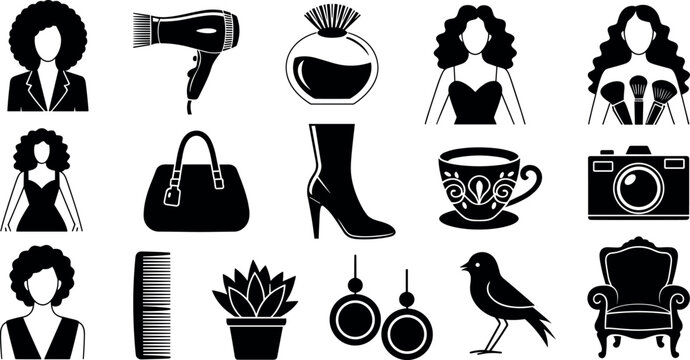 Set of black and white vector icons featuring women, fashion accessories, beauty salon tools, decor, and lifestyle objects