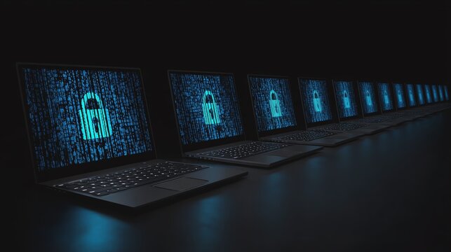 Cybersecurity with laptops displaying locks.