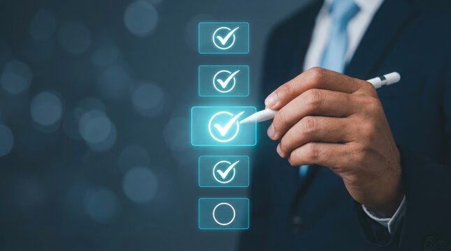 A business professional uses a digital pen to select a checkbox on a virtual interactive interface.