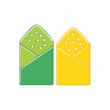 Two stylized envelopes, green and yellow, with dotted patterns