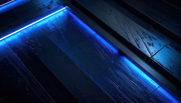Abstract dark wood planks illuminated by futuristic blue LED lighting.