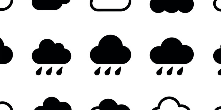 Rainy weather seamless border vector pattern with silhouette clouds and falling raindrops for autumn decoration and meteorology background
