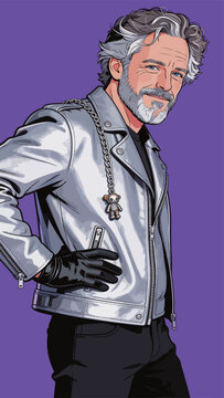 Stylish middle-aged man in silver leather jacket with pendant