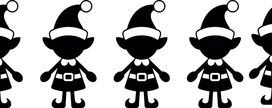 Black Christmas elf silhouette seamless pattern with Santa hat elements for festive holiday wallpaper wrapping paper and textile designs