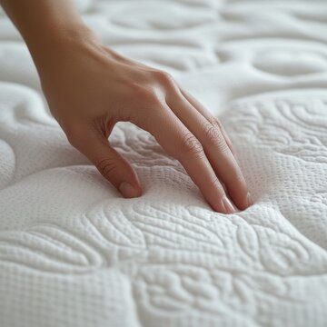 Hand touching soft white memory foam mattress with quilted texture