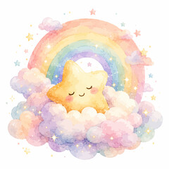Obraz premium Dreamy Celestial Star nestled in a Pastel Rainbow Cloudscape, a Whimsical and Gentle Illustration for Children's Themes and Gentle Art