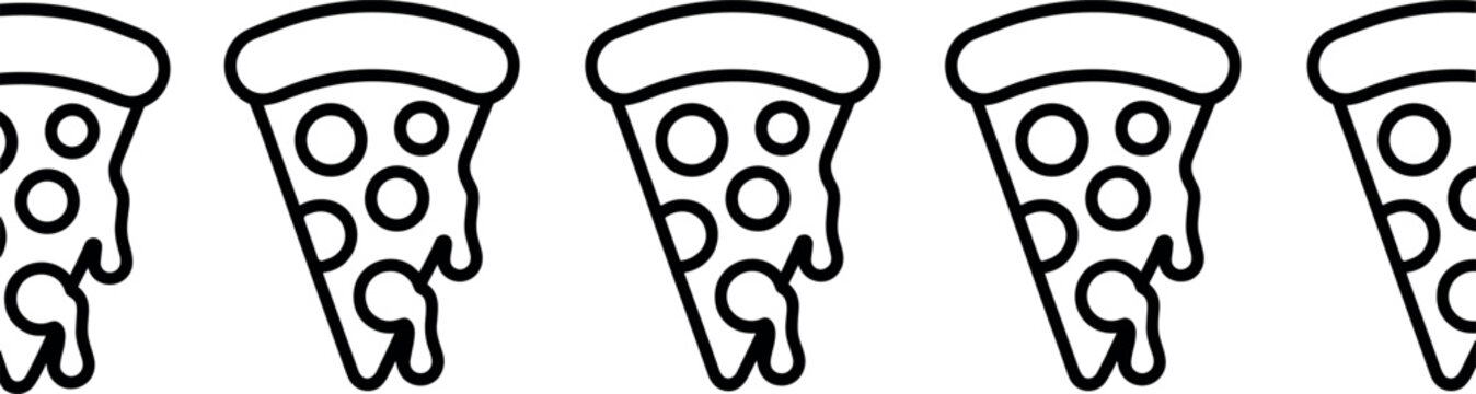 Seamless horizontal border pattern of black line art pizza slices with melting cheese and pepperoni topping on white background