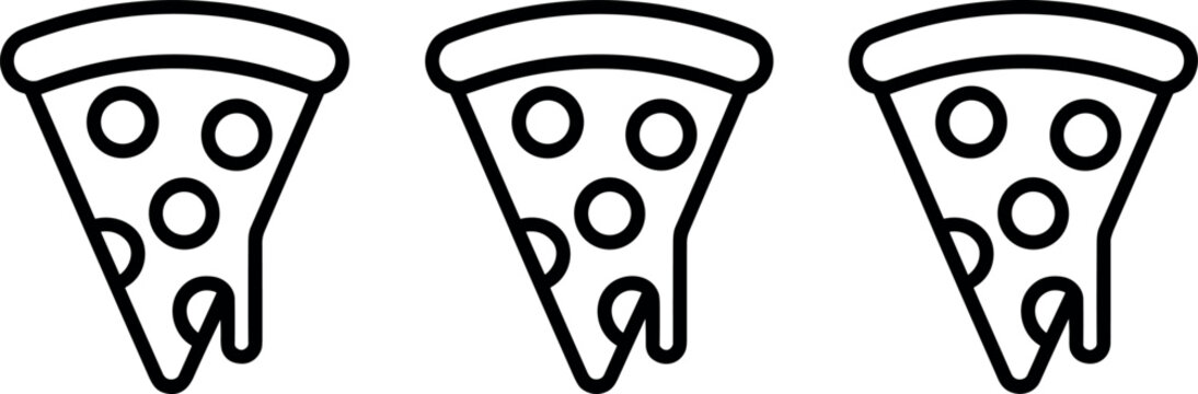 Seamless horizontal border pattern of black line art pizza slices with melting cheese and pepperoni topping on white background