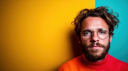 Fototapeta premium A striking portrait of a stylish man with glasses, set against a vibrant two-tone background, representing modern masculinity and confident self-expression through fashion.