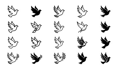 Obraz premium Flying Dove Silhouette Collection Featuring Peace Bird Icons, Winged Animal Shapes and Decorative Black and White Vector Illustration Elements