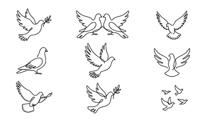 Fototapeta premium Elegant Flying Dove and Peace Bird Illustration Collection Featuring Winged Symbols, Freedom Concepts and Minimal Black Outline Vector Art Set
