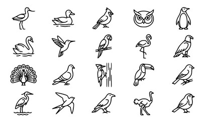 Fototapeta premium Bird Outline Icon Collection with Owl, Swan and Flamingo Vector Illustrations
