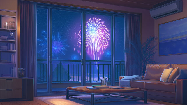 夜の部屋から花火と夜景を一望できる背景イラスト。大きな窓、リビング、ソファ、ローテーブル、観葉植物、室内空間、インテリア、くつろぎ、暮らし、打ち上げ花火、街並み、都会の景色、眺望、夏祭り、イベント、記念日、ホームパーティー、ロマンチック、背景素材、壁紙、挿絵、広告、ポスター、バナー、ブログ、SNS、動画背景、配信画面、サムネイルに便利なイラスト素材。商用利用にも便利な素材。商用利用にも便利な素材。