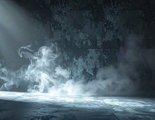 Naklejka premium Ethereal mist swirls in a dimly lit, textured industrial space.