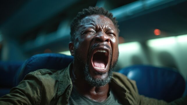 A dramatic capture of a man expressing anxiety and fear inside an airplane, showcasing intense human emotions and the fear of flying or experiencing turbulence.