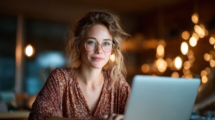 Fototapeta premium A young woman with curly hair and glasses focused on her laptop, surrounded by warm lights, creating a cozy and inviting work environment that inspires creativity and productivity.