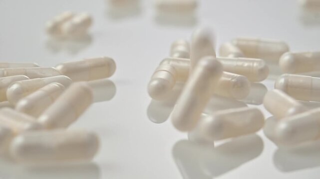 White dietary supplement capsules falling and scattering across glossy surface in clean healthcare and wellness concept
