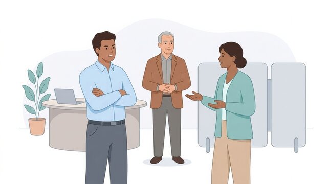 Three workers in an office setting engage in a conversation about resolving a conflict while a bystander observes the discussion.