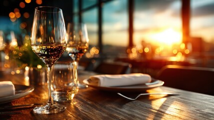 Obraz premium An elegant dining setting featuring fine wine glasses against a stunning sunset, capturing the essence of romance and sophistication in a delightful atmosphere.