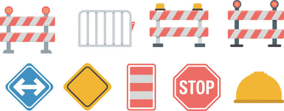 Road construction safety vector icon set featuring barriers stop signs warning traffic signals and hard hat