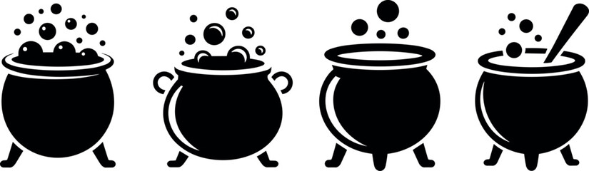 Witch cauldron silhouette vector icon set with boiling magic potion bubbles and spoon for Halloween party graphic designs © Md