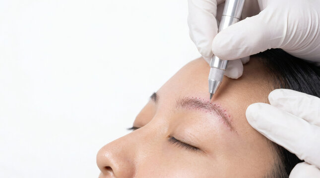 Macro close-up of a doctor's hands in sterile white gloves using a DHI implanter pen to precisely graft hair follicles onto an Asian female patient's eyebrow during a transplant surgery.