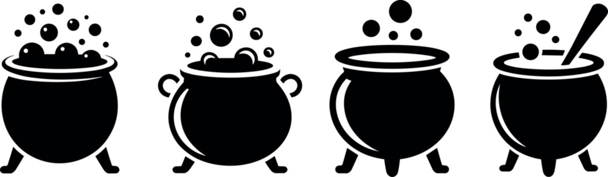 Witch cauldron silhouette vector icon set with boiling magic potion bubbles and spoon for Halloween party graphic designs