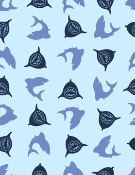 Seamless vector pattern with sharks and open shark jaw icons in navy and periwinkle blue on a light blue background.