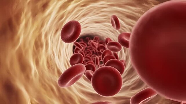 Microscopic view of red blood cells flowing through a blood vessel 3.