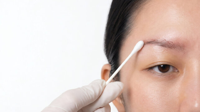 Close-up of a hand in a sterile white glove using a clean cotton swab to gently cleanse the newly transplanted eyebrow area of an Asian female patient for post-operative care.