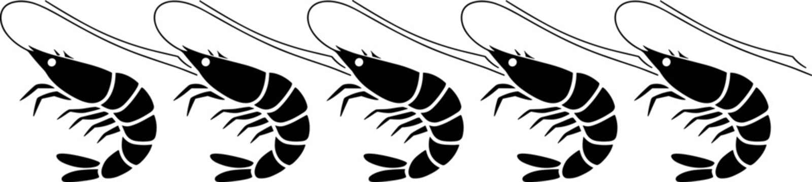 Seamless shrimp border vector pattern silhouette for seafood restaurant menus marine product packaging and kitchen decorative design elements