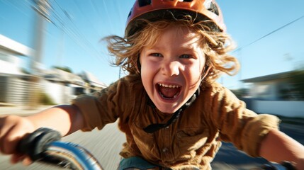 Fototapeta premium A joyful child wearing an orange helmet, riding a bicycle with excitement, capturing a moment of pure happiness and freedom on a sunny day, evoking a sense of adventure.