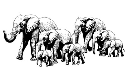 Hand Drawn Elephant Family Herd Illustration with Adult and Baby Elephants in Wildlife Nature Scene Vector Design © Crafts Home