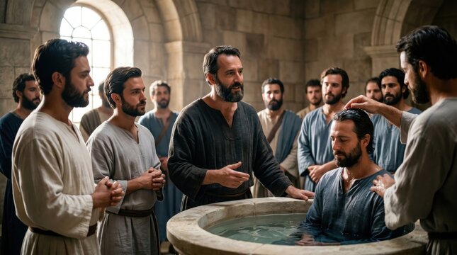 Apostle Paul baptizing disciple in basin with group of men inside ancient building. Religious scene from Bible Acts of the Apostles. Spiritual Christian ritual of holy baptism.