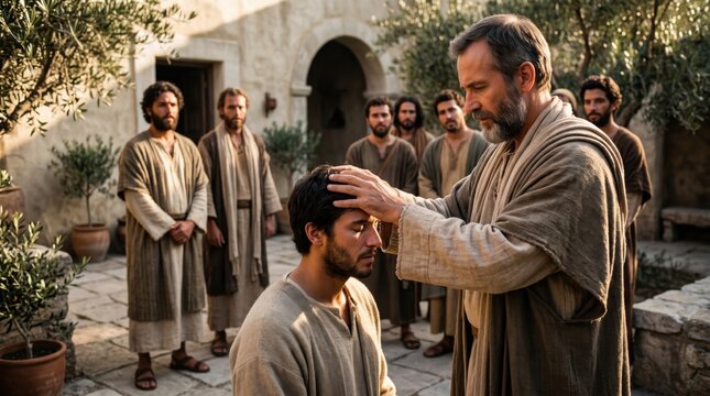 Apostle Paul laying hands on man to receive Holy Spirit. Biblical scene from Acts of the Apostles in Ephesus. Men gathering for prayer, blessing and baptism. Religious ancient concept.