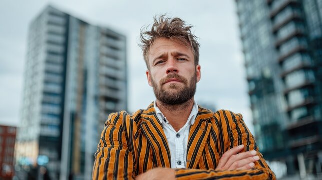 A bearded man standing confidently with arms crossed in a modern urban setting, showcasing an effortless blend of style and attitude against a city backdrop.