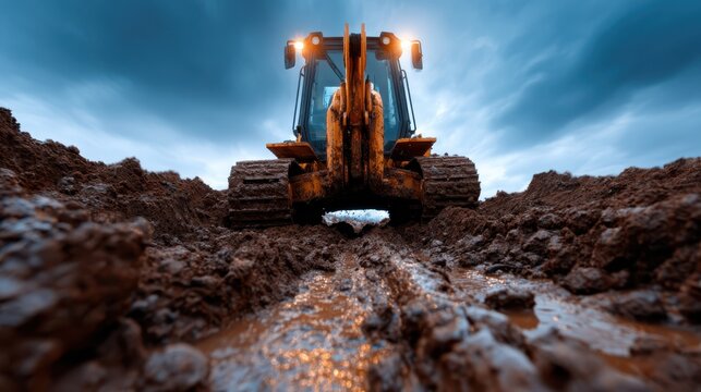 A powerful bulldozer sits in a muddy construction site, highlighting the strength of machinery against the elements of nature during a dramatic sky and wet conditions.