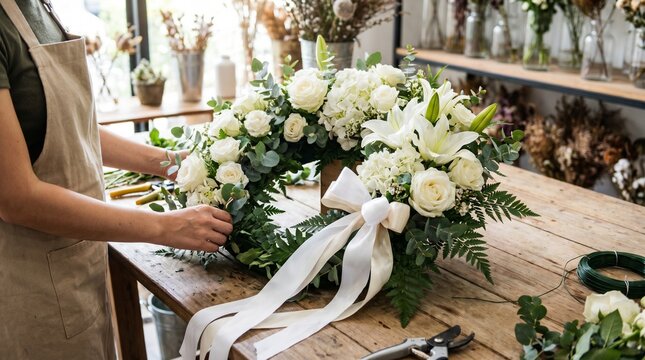 Funeral florist preparing a white floral wreath with roses, lilies, eucalyptus, greenery and satin ribbon in a flower shop, symbolizing sympathy, condolence and memorial service.