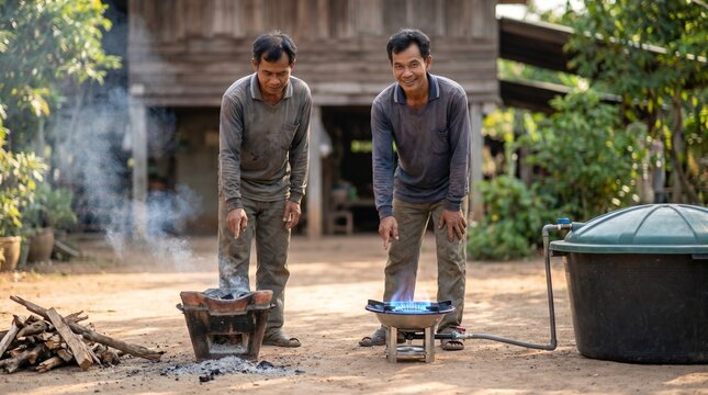 Thai Men Comparing Stoves In Courtyard